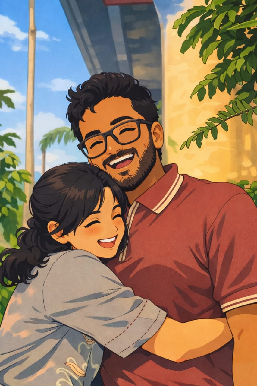 Bhakti and Dhananjay — a joyful embrace